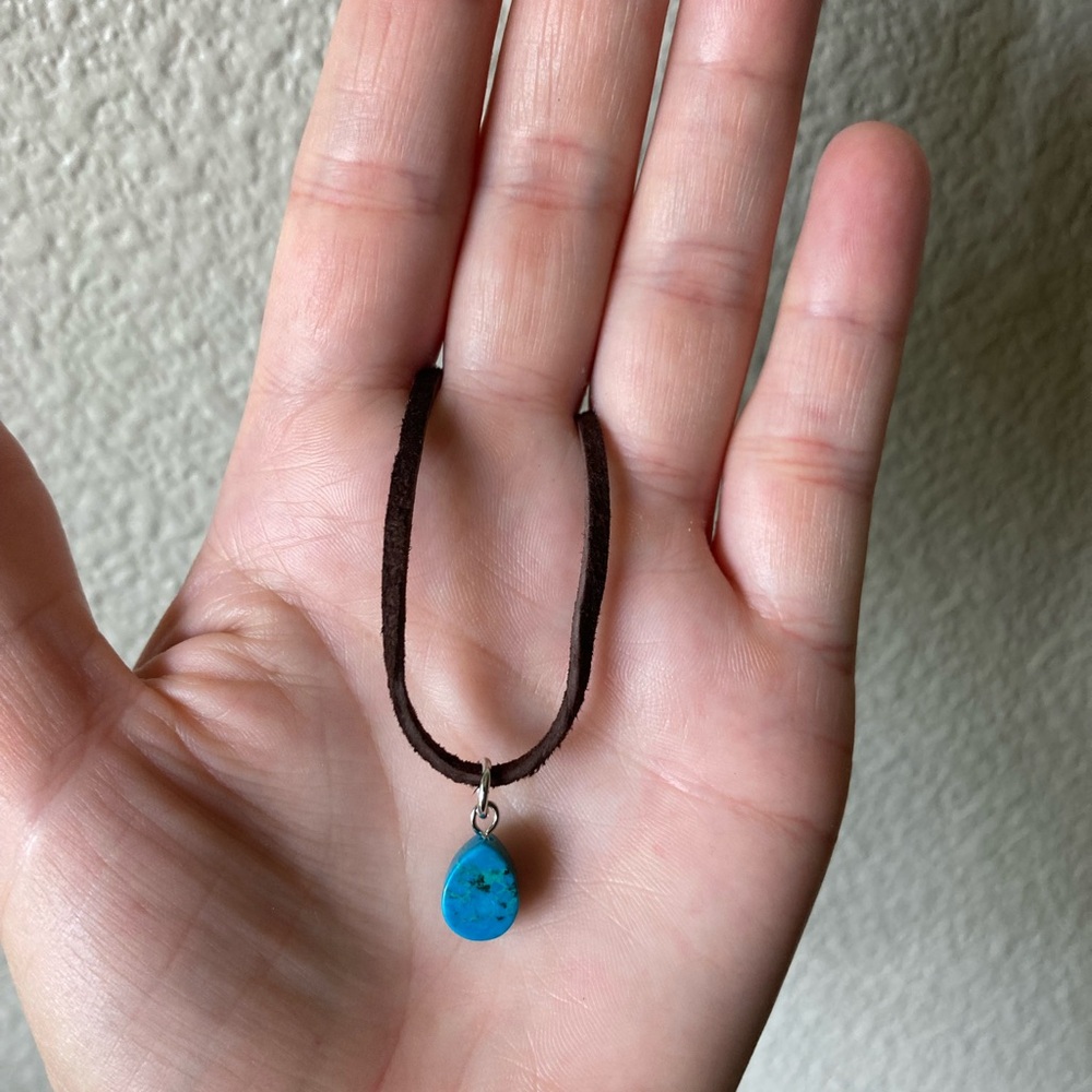 Turquoise Toned Teardrop Pendant Necklace on Brown Suede Cord